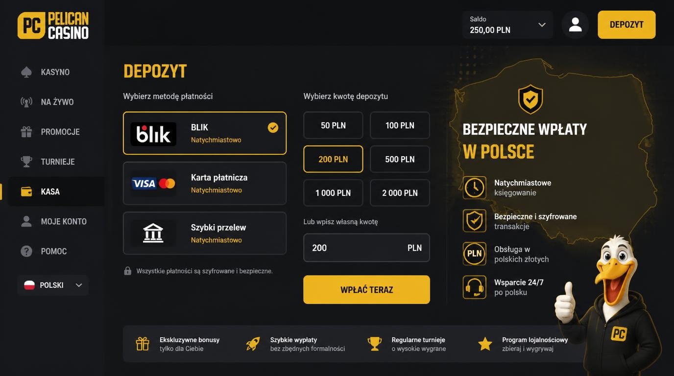 Logo BLIK-u, karty Visa/Mastercard, bankowy przelew, interfejs wpłaty w PLN, polska mapa